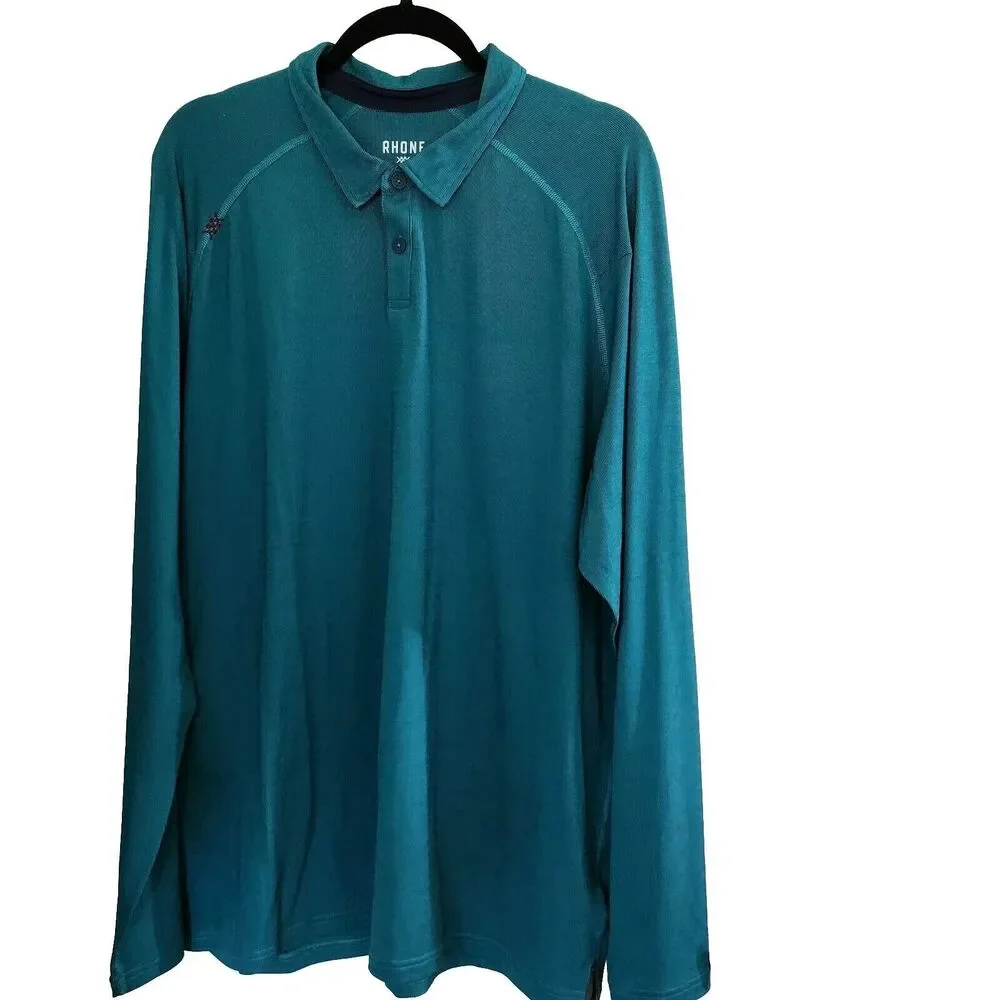 Rhone Mens Delta Pique Long Sleeve Polo Shirt Teal Green Deep XXL Goldfusion - Picture 6 of 13